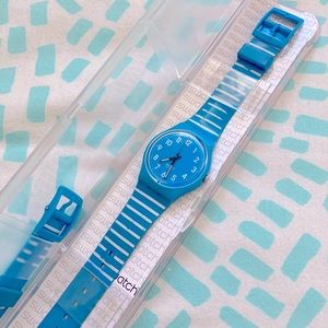 Swatch watch - blue and white striped, women’s